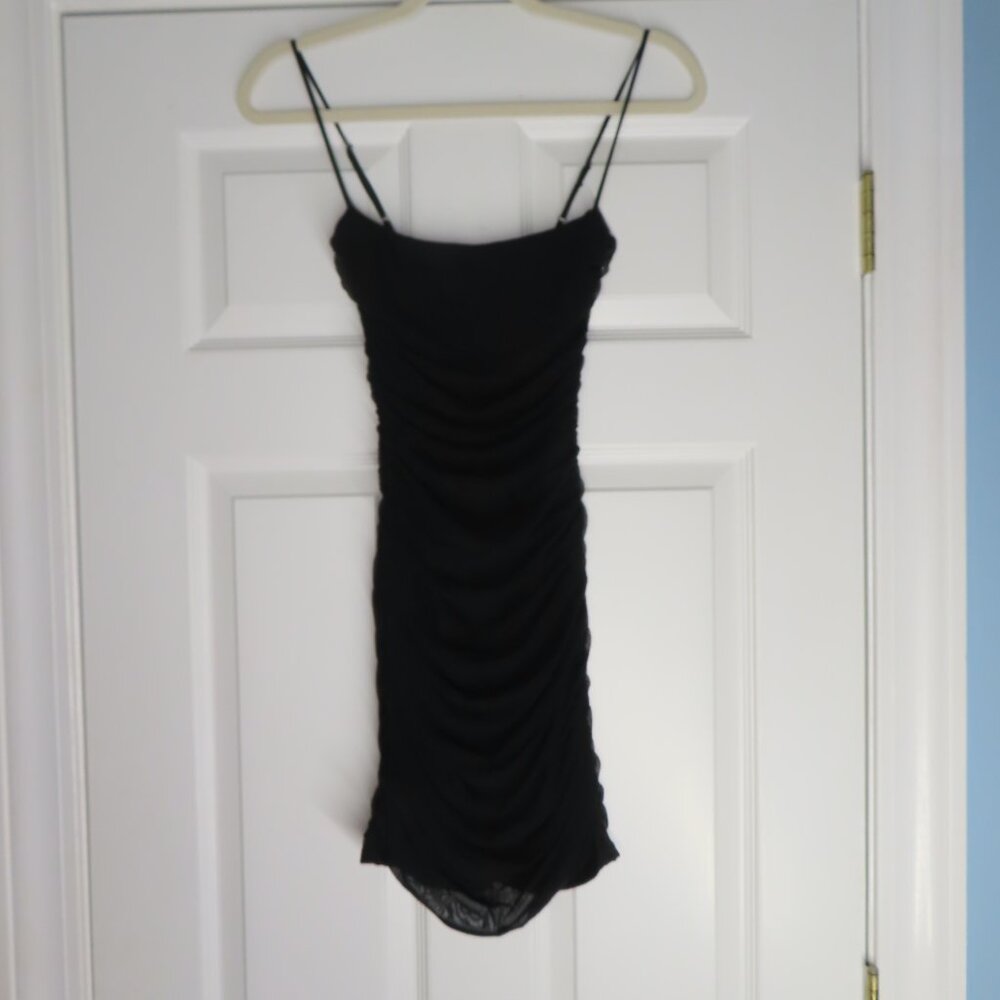 Lucy in the Sky Black Ruched Bodycon Mini Dress Cutout XS Sparkle Mesh Strappy